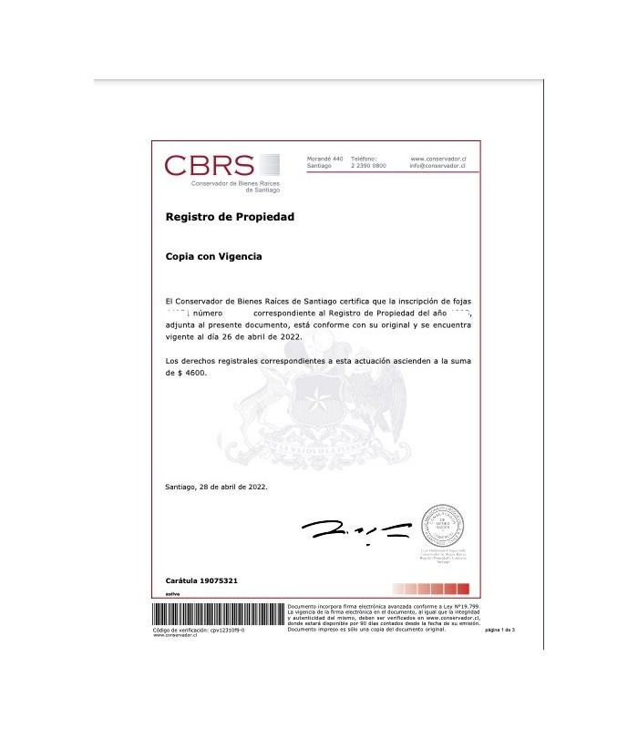 Copia de Inscripción con Vigencia o Dominio Vigente del registro de propiedades