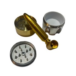 Kit 2-en-1: Moledor Metálico Calibre Revólver (4x4 cm) + Pipa Cuchara Bala de Fusil