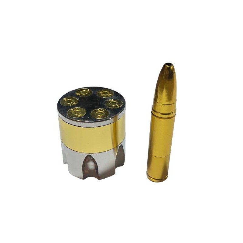 Kit 2-en-1: Moledor Metálico Calibre Revólver (4x4 cm) + Pipa Cuchara Bala de Fusil
