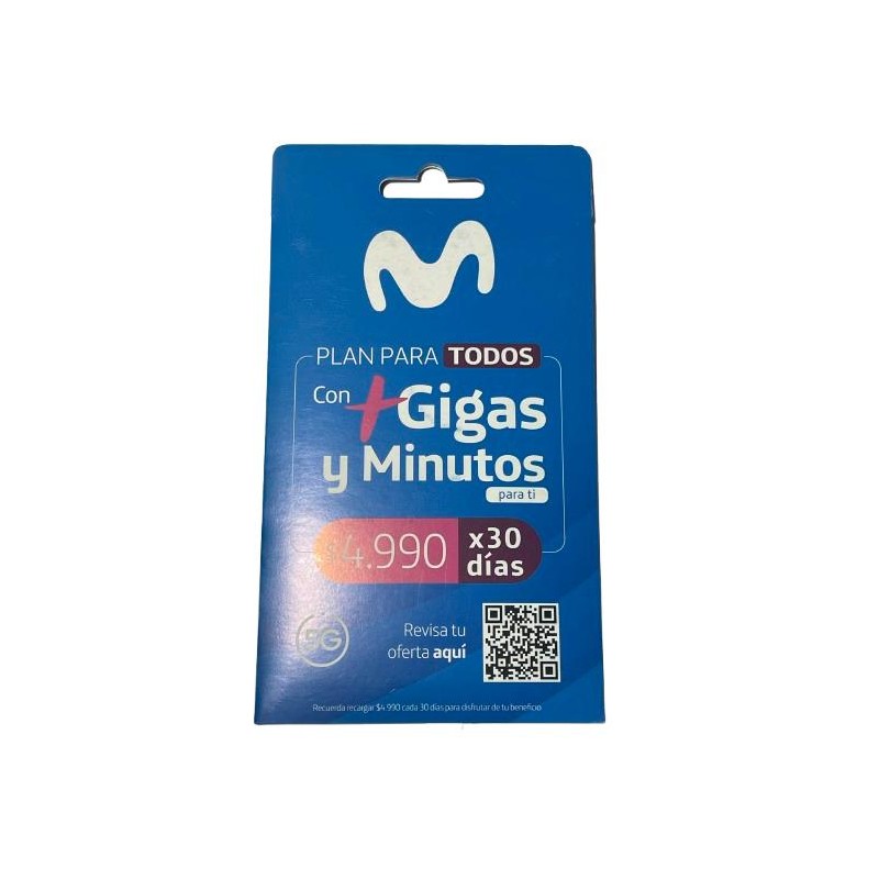Chip Plan para Todos Movistar | GIGAS y Minutos x 30 Días | Recarga $4.990