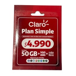 Chip Plan Simple Claro | 50GB + 500 Minutos + Redes Sociales Libres | Renovable 30 Días