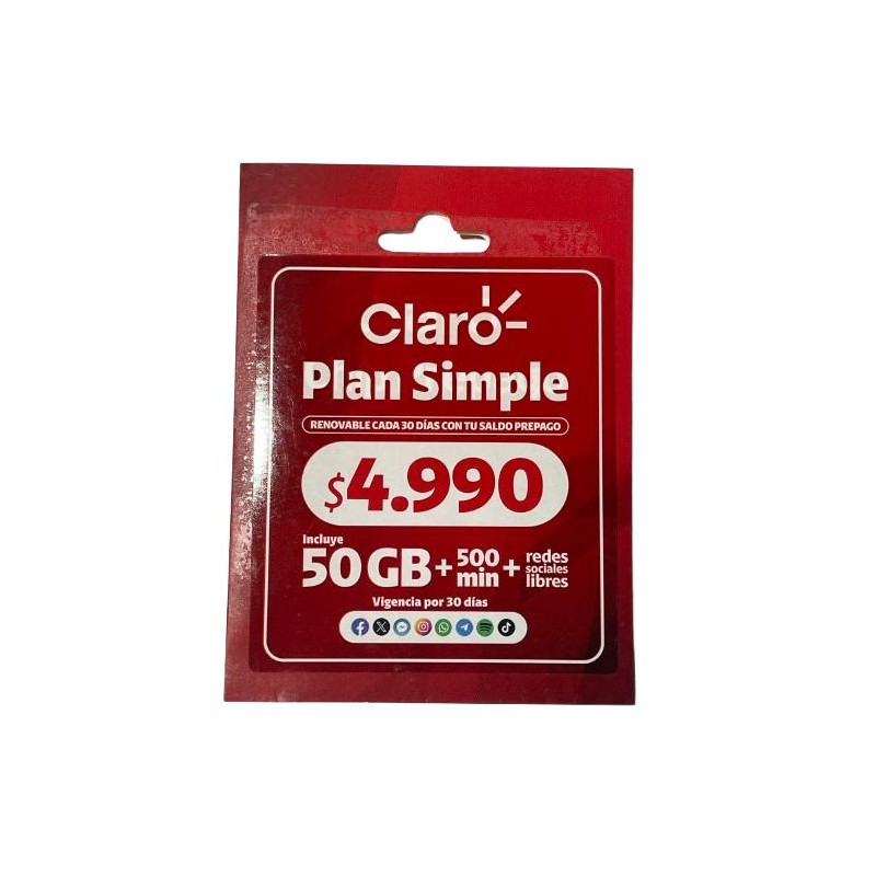Chip Plan Simple Claro | 50GB + 500 Minutos + Redes Sociales Libres | Renovable 30 Días